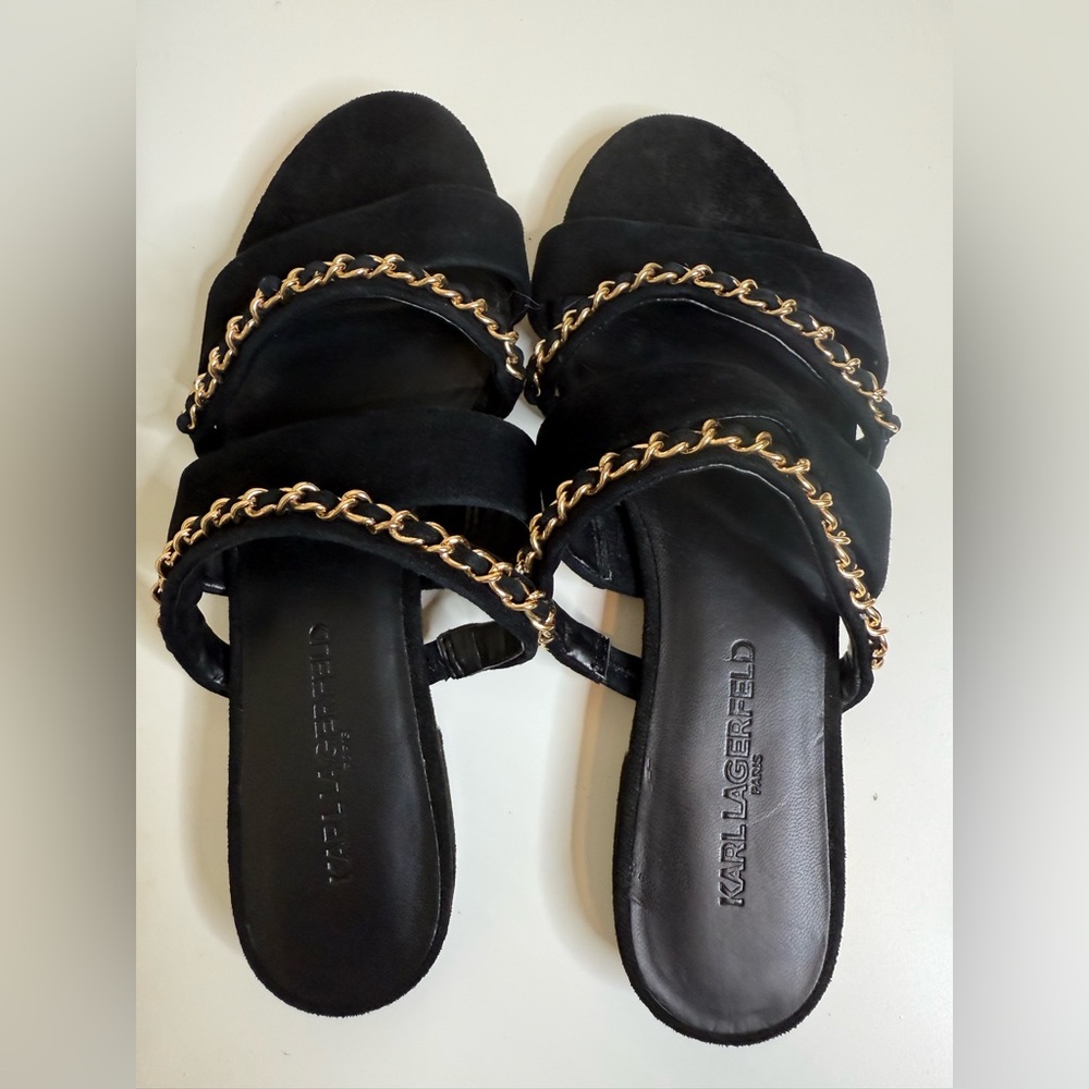 Karl Lagerfeld Black Sandals with Gold Accents